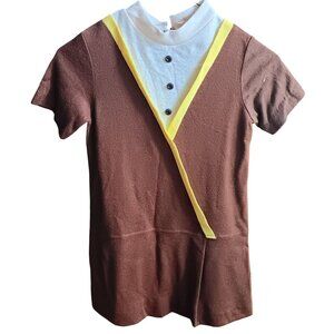 Girls 10 Vintage Dress 1960s Brown & Yellow Mod Back Zipper Mock Neck Buttery